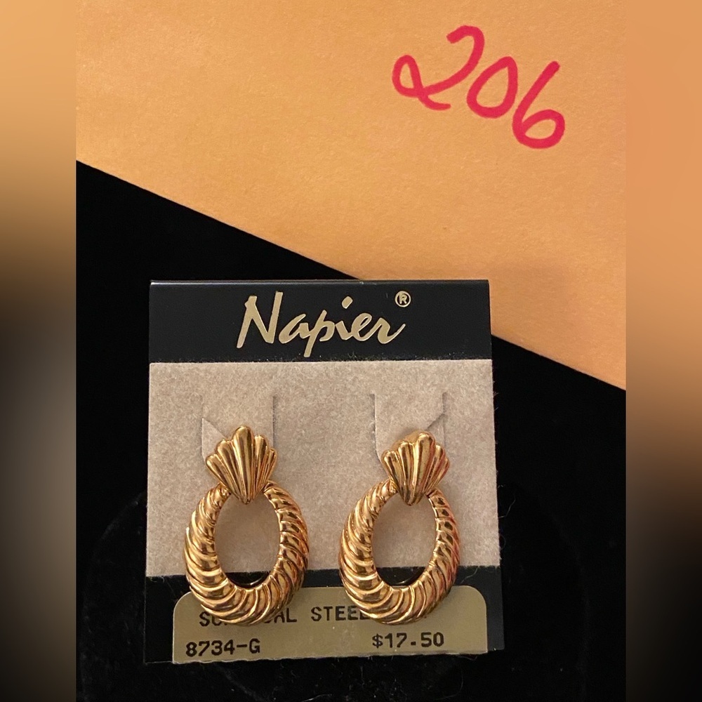 Vintage Napier door knocker oval fan drop gold plated earrings pierced - Picture 5 of 5